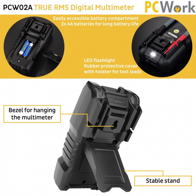 PCWork PCW02A Ψηφιακό Πολύμετρο True RMS, Auto Range με Μέτρηση Πυκνωτών, Θερμοκρασίας, Συχνότητας, NCV & Φως LED 188x88x58mm