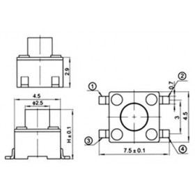 Microswitch TACT 4 Pin Push ON SPST-NO, 4.5x4.5x3.8mm SMT Jianfu TVCM01-038C