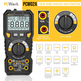 PCWork PCW02A Ψηφιακό Πολύμετρο True RMS, Auto Range με Μέτρηση Πυκνωτών, Θερμοκρασίας, Συχνότητας, NCV & Φως LED 188x88x58mm