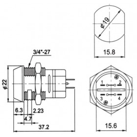 Διακόπτης με Κλειδί OFF-ON 90°, 2 Θέσεων 4 Pin DPST, 2A/250VAC, Φ19mm Ultimax S206A-2