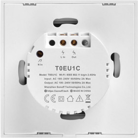 SONOFF T0EU1C-TX Χωνευτός Διακόπτης Τοίχου Wi-Fi για Έλεγχο Φωτισμού με Πλαίσιο & Ένα Πλήκτρο Αφής Φωτιζόμενος Λευκός