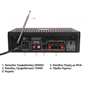 MegaSound 009 Ραδιοενισχυτής Ήχου Stereo 2x30W 4-16Ω FM/USB/SD/MICx2 230VAC/12VDC Μαύρος-Ασημί