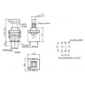 Πιεζοδιακόπτης OFF-ON 6P με Συγκράτηση DPDT 9.2x9.8x17.5mm για PCB C&K PVA2 EE H1 1.7N V2