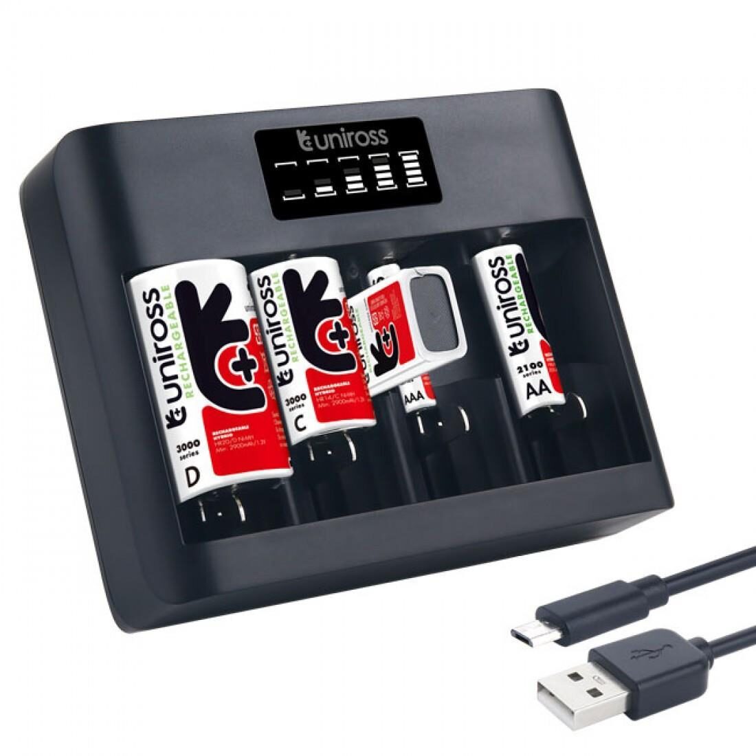 659321630-o1.jpg Uniross Φορτιστής USB 5 Μπαταριών Ni-MH Μεγέθους AA/AAA/9V/C/D με 5 Κανάλια Φόρτισης & Οθόνη Ενδείξεων UNPCU008 - Image 1