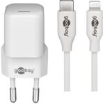 Σετ Ταχυφορτιστής Πρίζας Nano USB-C με Καλώδιο Lightning/USB-C 1m Power Delivery 20W Λευκό Goobay 61084