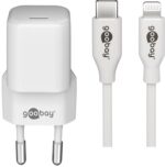 Σετ Ταχυφορτιστής Πρίζας Nano USB-C με Καλώδιο Lightning/USB-C 1m Power Delivery 20W Λευκό Goobay 61084