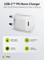 Σετ Ταχυφορτιστής Πρίζας Nano USB-C με Καλώδιο Lightning/USB-C 1m Power Delivery 20W Λευκό Goobay 61084 - Image 5