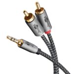 Καλώδιο 3.5mm Stereo Αρσενικό σε 2x RCA Αρσενικά 3m με Υφασμάτινη Επένδυση & Βύσματα Αλουμινίου Γκρι Goobay Plus 65289
