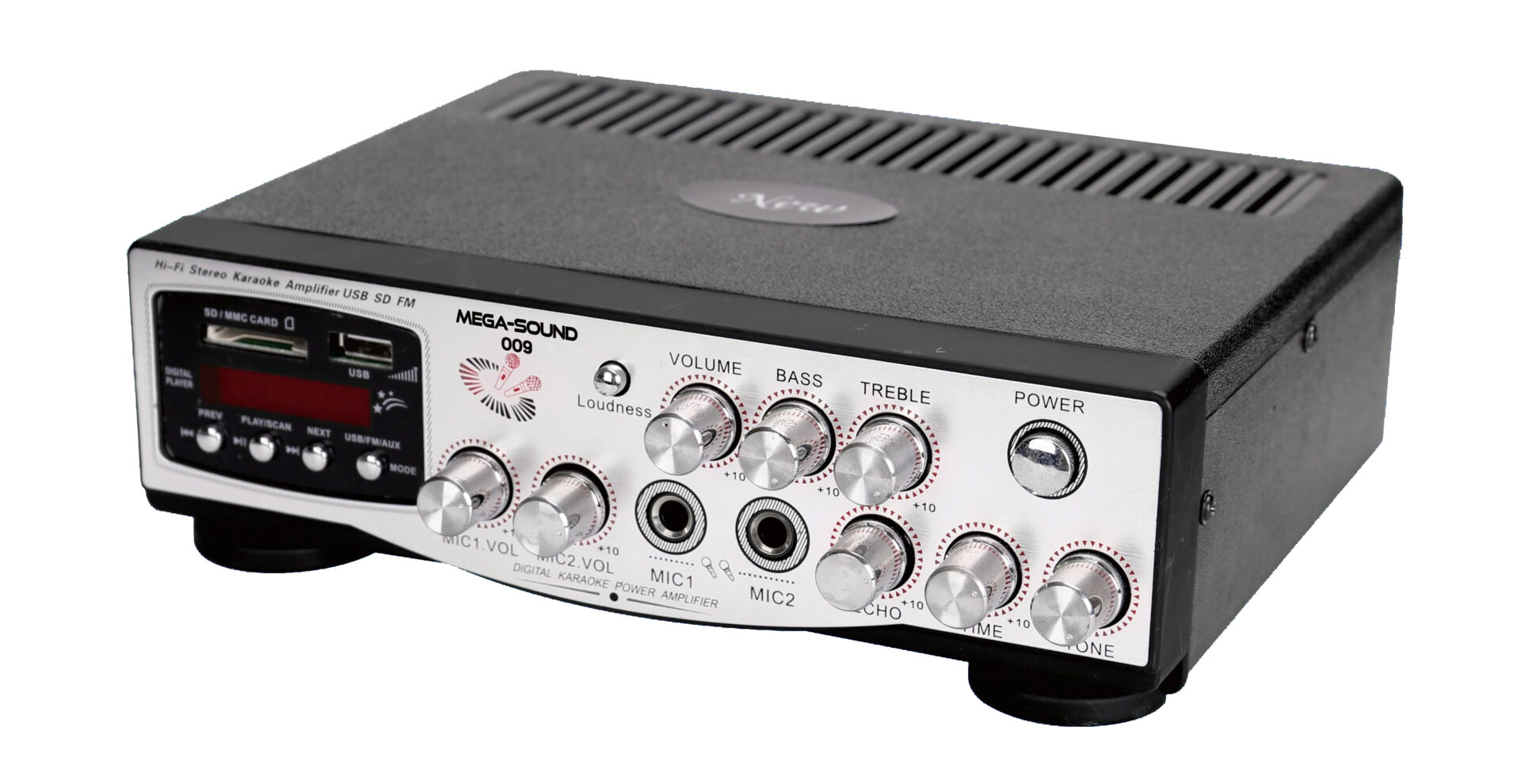 844693-o1.jpg MegaSound 009 Ραδιοενισχυτής Ήχου Stereo 2x30W 4-16Ω FM/USB/SD/MICx2 230VAC/12VDC Μαύρος-Ασημί - Image 1