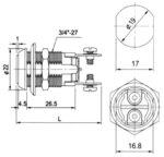 Διακόπτης με Κλειδί OFF-ON 90°, 2 Θέσεων 2 Pin Επίχρυσα SPST, 4A/250VAC, Φ19mm Ultimax S203-2 - Image 2
