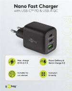 Goobay Ταχυφορτιστής Τριπλός Πρίζας με 2x USB-C Power Delivery 65W Max. & USB-A Quick Charge 3.0 30W Τεχνολογίας GaN Μαύρος 64753 - Image 3