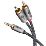 Καλώδιο 3.5mm Stereo Αρσενικό σε 2x RCA Αρσενικά 1m με Υφασμάτινη Επένδυση & Βύσματα Αλουμινίου Γκρι Goobay Plus 65285